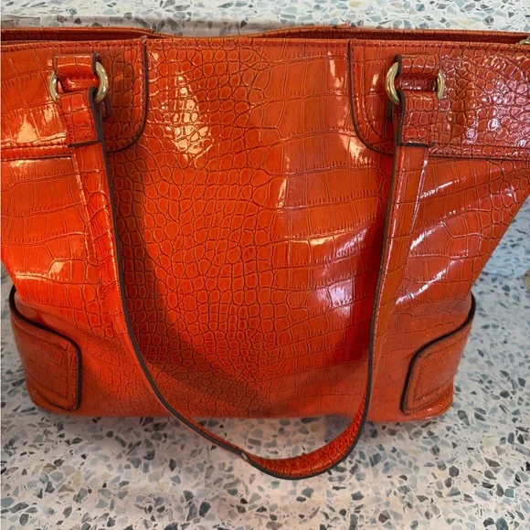 Anne Klein Orange Croc Embossed Patent Leather Tote Shoulder Bag - Picture 5 of 8